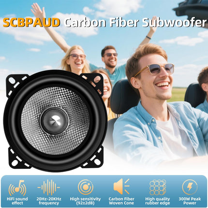 4 Inch Car Speakers 300W, 4 Ohm Mid-Bass Audio Speaker with Carbon Fiber Cone, High Sensitivity, Easy Installation – High-End Auto Audio System（2 Pack）