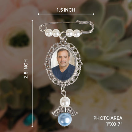 Wedding Bouquet Photo Charms, Something Blue Gift For Bride, Memorial Pin For Wedding Groom, Remembrance Gift From Deceased Mom Or Dad, DIY Bridal Pin With Guardian Angel Memory Charm And Picture