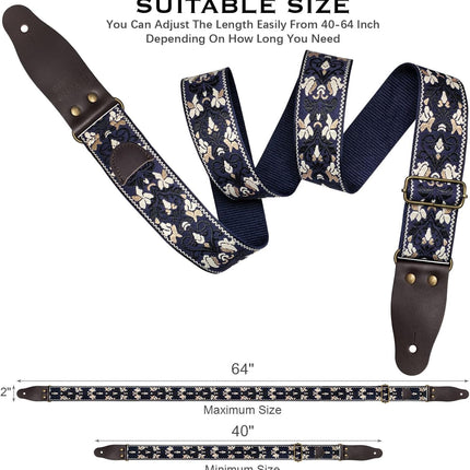Jacquard Embroidered Guitar Strap, Genuine Cowhide Leather Ends, Adjustable for Bass Electric Acoustic