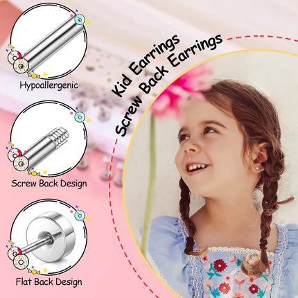 Hypoallergenic Earrings for Girls,Toddler Screw Back Earrings for Kids Baby Women,Lightweight Surgical Steel Cute Pink Bow Butterfly Heart Flower CZ Flat Back Stud Earring for Sensitive Ears