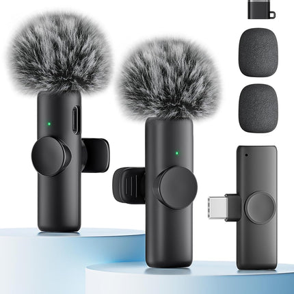 Wireless Microphone for iPhone iPad and Android Phone, 2 Pack Wireless Lavalier Lapel Mic with Noise Reduction, Plug and Play Mini Microphone for Video Recording Interview Podcast YouTube TikTok Vlog
