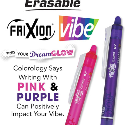 Pilot, FriXion Vibe Clicker Premium Erasable Gel Ink Pens, Find Your DreamGlow Vibe, Uplifting & Dreamy Colors, 7 Pack, Fine Point 0.7 mm, Assorted Pink/Purple Inks