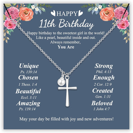 Sereney Happy Birthday Gifts for Girls, Silver Stainless Steel Necklace as 11 13 15 16 Year Old Teens Birthday Gift, Adjustable Cross Pearl Necklace Birthday Gifts for Daughter Granddaughter Niece Girls