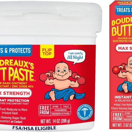 Boudreaux's Butt Paste Maximum Strength Diaper Rash Cream, Diaper Cream for Baby, Fast Relief & Overnight Protection for Moderate to More Irritated Rash, Pediatrician-Recommended, 2 oz & 14 oz