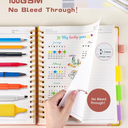 Hardcover Spiral Notebook Journal with Removable Dividers Tabs, 300 Pages Leather 5 Subject Notebook College Ruled, 8"x10" Large B5 Notebooks for Work School Note taking, Lined Journal for Women, Pink