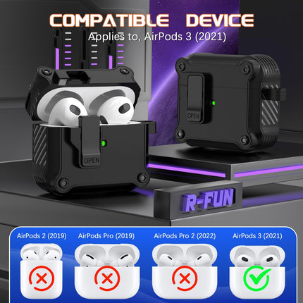 R-fun for AirPods 3 Case Cover with Lock & Cleaning Kit, Keychain, Magnetic Lid, Compatible with AirPods 3rd Generation 2021 Protective Case, Support Wireless Charging, Black