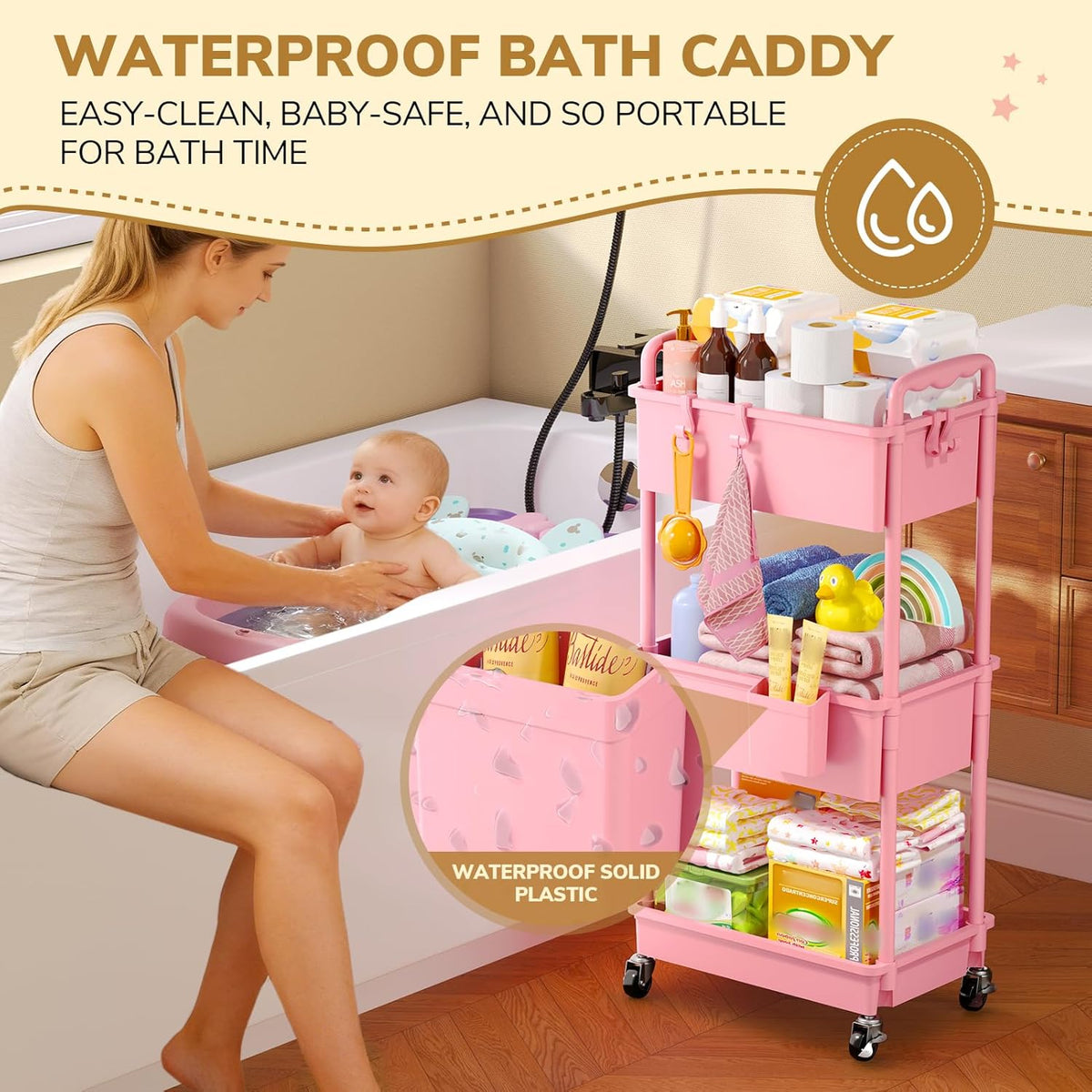 3-Tier Pink Rolling Diaper Cart with Lockable Wheels - photo 3