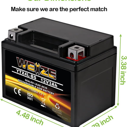 Weize YTX4L-BS High Performance-Rechargeable-Sealed Motorcycle Battery Compatible With Polaris Scrambler, Sportsman 90, Honda Scooters NQ50 Spree,Kawasaki 110 Can-Am DS70,Yamaha TTR125E/LE
