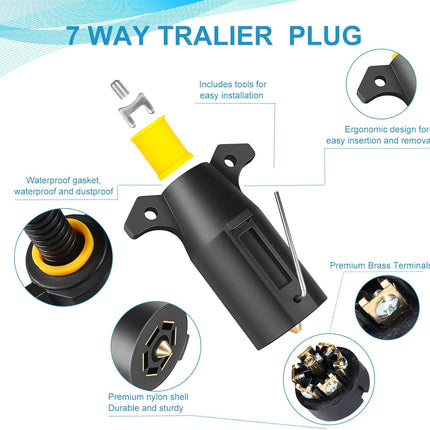 2 Pack Premium 7 Pin Trailer Plug With Built-In Brass Terminals, Heavy-Duty 7 Way Trailer Light Plug Connector Easy Installation，Waterproof 7 Prong Trailer Plug for Various RVs，Trailers，Boat Trailer
