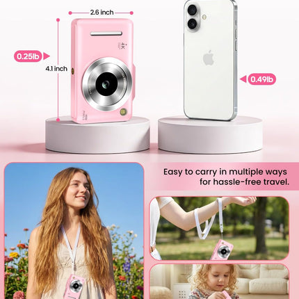 Digital Camera 4K Autofocus Vlogging Camera for Photography with 16X Zoom Anti Shake, 32GB Card, 48MP Compact Portable Point and Shoot Camera for Kids Boys Girls Teens Beginner（Pink）