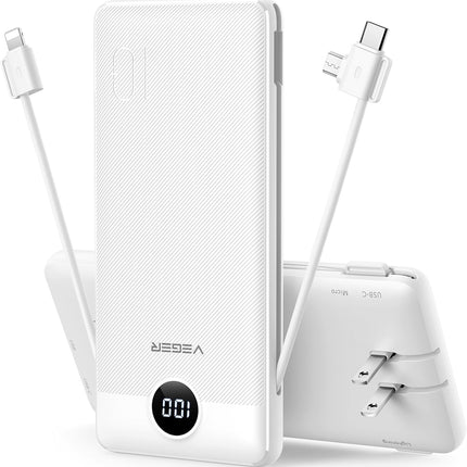 Portable Charger with Built-in AC Plug and Cables, All in One 10000mAh Ultra Slim Power Bank Travel Essentials, Fast Charging Battery Pack Compatible with iPhone, Samsung, Android (White)