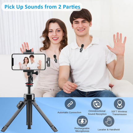 MAYBESTA Wireless Lavalier Lapel Microphone for iPhone Android - Bluetooth Mini Phone Microphones for Video Recording - 2 Clip on Mics with USB C Interface for Tiktok YouTube Vlog(Dark Black)