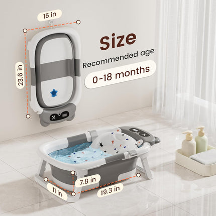 Baby Bathtub,Foldable Baby Bath Tub for Newborn to Toddler (0-18 Months) – Collapsible Infant Tub for Travel with Thermometer, Soft Cushion,Grey