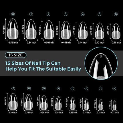 TOMICCA Medium Almond Nail Tips 510PCS, 15 Sizes Gel Nail Tips for Full Cover Half Matte Clear Acrylic Nails, Nail Tips Almond Shaped for DIY Salon, Gel Nail Extension Tips for Beginners & Nail Techs