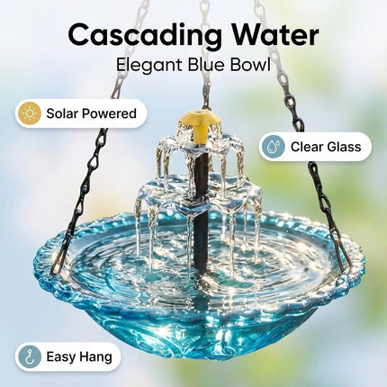 Solar Powered Hanging Bird Bath Fountain, All-Weather Cascading Water Fountain with Spill-Resistant Basin, Outdoor Garden Decor for Hummingbirds, Patio Backyard Lawn Decoration