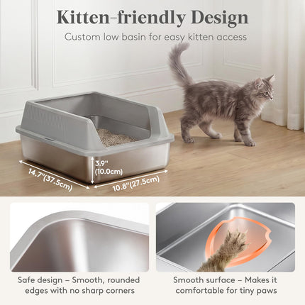 Stainless Steel Cat Litter Box for Kitty, 17.7"× 13.8"× 8.3", Gray