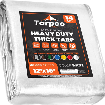 Tarpco Safety Extra Heavy Duty 14 Mil Tarp Cover, Waterproof, UV Resistant, Rip and Tear Proof, Poly Tarpaulin with Reinforced Edges for Roof, Camping, Patio, Pool, Boat (White 12′ X 16′)