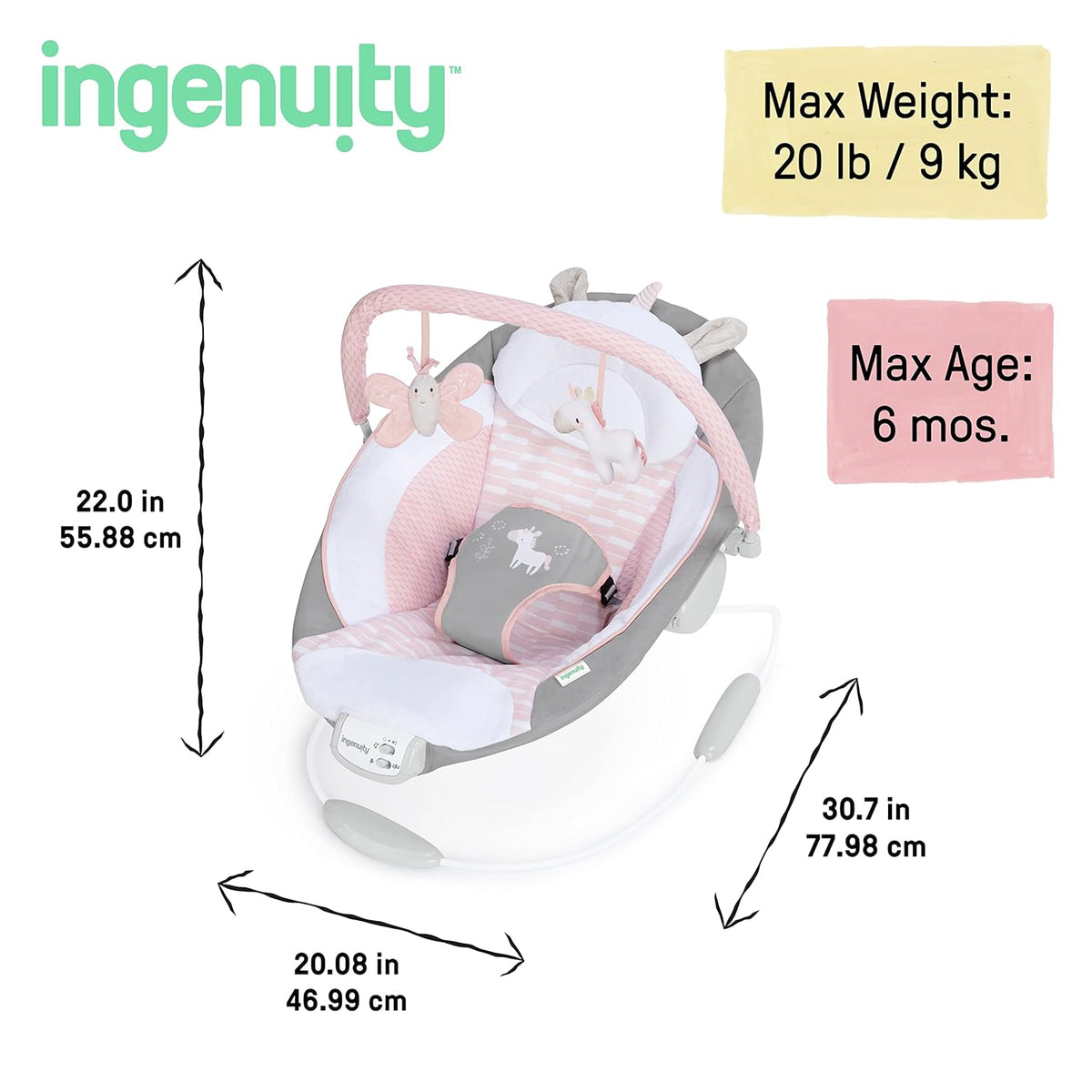 Soothing Baby Bouncer Infant Seat with Vibrations, Toy Bar & Sounds, Pink Unicorn, 0-6 Months - photo 3