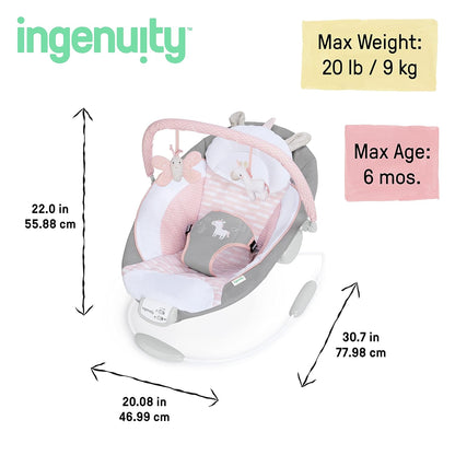 Soothing Baby Bouncer Infant Seat with Vibrations, Toy Bar & Sounds, Pink Unicorn, 0-6 Months - photo 3