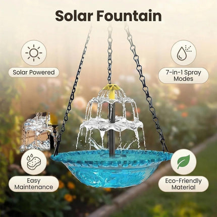 2026 Solar Cascade Hanging Bird Bath Fountain - 3 Layers Outdoor Water Feature for Hummingbirds, Easy-Clean 9.3" Glass Basin with Solar Powered Pump, Attract Wild Birds to Garden, Patio (Blue)