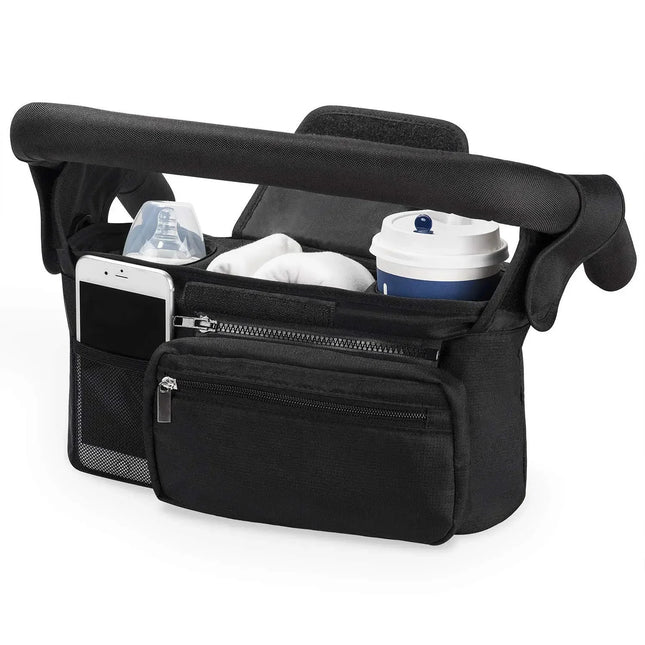 Baby stroller manager with non-slip strap holding parent essentials