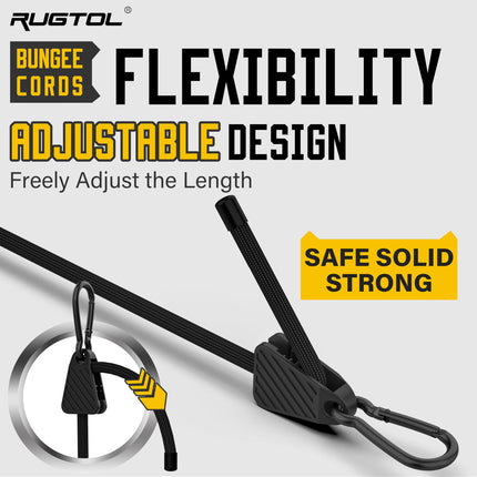 Adjustable Bungee Cords with Hooks, 6 Pack Heavy Duty Outdoor Carabiner Bungee Cord, Black Super Elastic Bungee Straps Easily Adjust from 7" to 48", Great for Cargo, Camping, Bike Racks, Tents