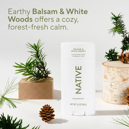 Native Aluminum Free Deodorant, Balsam & White Woods, Large Size Stick, 72 Hour Odor Control, for Women & Men, Contains Naturally Derived Ingredients, 3.1 oz