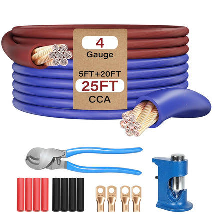 4 AWG Gauge Battery Cable Wire Kit 20 Ft Blue+5 Ft Brown, Primary Automotive Power & Ground Wire CCA All-in-One Set,Soft for Car Audio RV Amp Marine Inverter +Lugs, Heat Shrink, Cutter &Crimping Tool