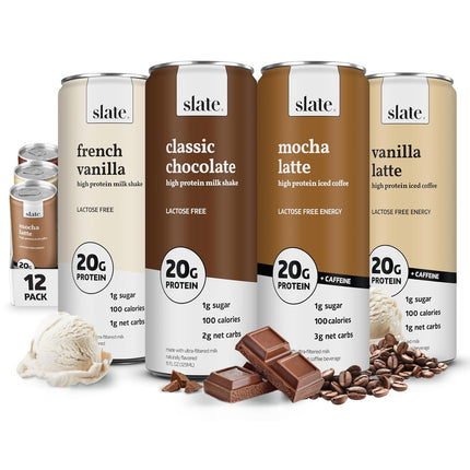 Slate Milk - High Protein Milk Shakes & Iced Coffees - Classic Chocolate, Mocha Latte, Vanilla Latte, French Vanilla -Lactose Free,20g Protein,1g Sugar, 100 Calories,1-2g Net Carbs -11 fl oz, 12 Cans