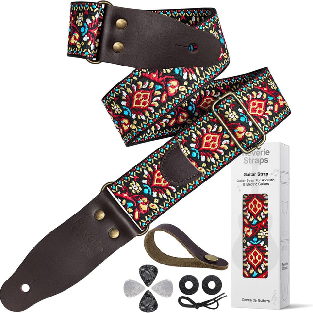 Jacquard Embroidered Guitar Strap with Cowhide Leather Ends
