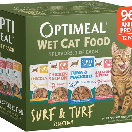 Optimeal Wet Cat Food Variety Pack - Surf & Turf Selection, Grain Free Tender Morsels, High Protein Premium Nutrition Made with Natural European Ingredients, Adult Cat Pouches 3oz (Pack of 12)
