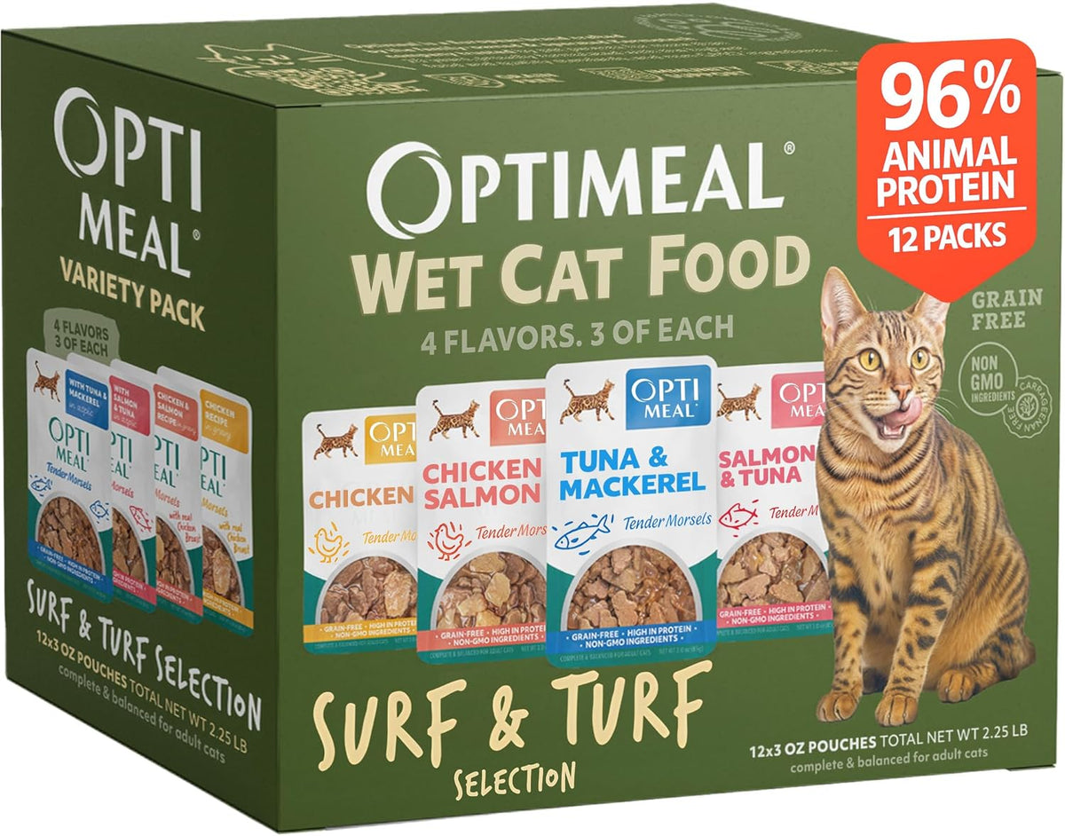 Wet Cat Food Variety Pack - Surf & Turf Grain-Free Adult Cat Pouches, 3 oz, Pack of 12