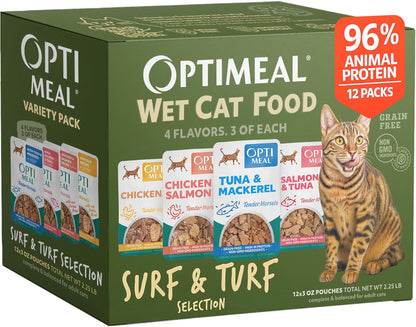 Wet Cat Food Variety Pack - Surf & Turf Grain-Free Adult Cat Pouches, 3 oz, Pack of 12