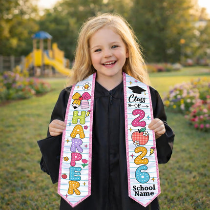 Personalized Kids Graduation Stole 2026 with Name & School – Custom Preschool Kindergarten Grad Sash, 3 Fun Styles, 16 Glitter Edge Colors, Class of 2026 Stole for Pre-K Elementary Boys Girls