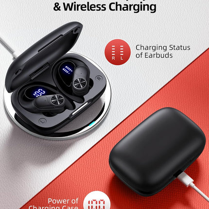 Bluetooth Headphones Wireless Earbuds 80hrs Playtime Wireless Charging Case Digital Display Sports Ear Buds with Earhook Deep Bass IPX7 Waterproof Over-Ear Earphones for TV Phone Laptop Black