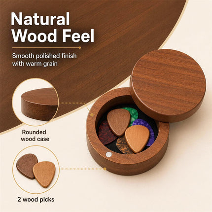 Set de portapúas de guitarra con 2 púas de madera + 8 púas de celuloide (3 grosores), estuche de madera con tapa magnética giratoria, mini joyero, accesorios musicales para guitarrista