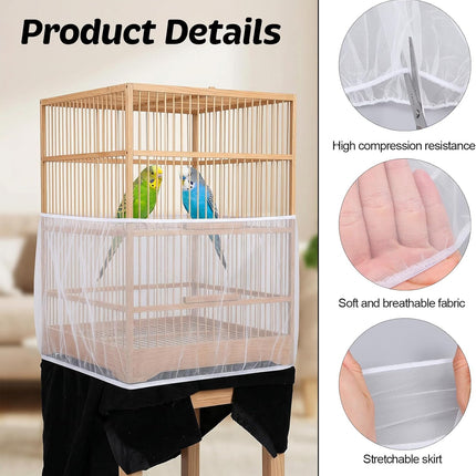 2Pcs Bird Cage Seed Catcher, Adjustable Bird Cage Skirt Cover, White Stretchy Birds Cages Netting for Round Square Parrot Parakeet Macaw African Cages