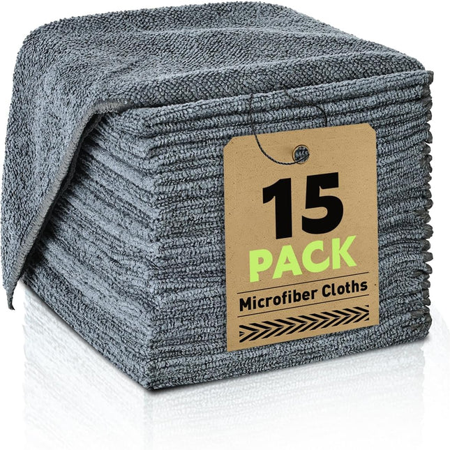 Microfiber Cleaning Cloths Bulk-15 Pack, Gray Microfiber Towels for Cars, Ultra Absorbent Microfiber Towel Weave Grime