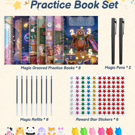 Magic Grooved Writing Practice for Kids Ages 3–8 – 8-Book Reusable 3D Handwriting & Tracing Workbook Kit with Disappearing Ink, Preschool Learning Activity