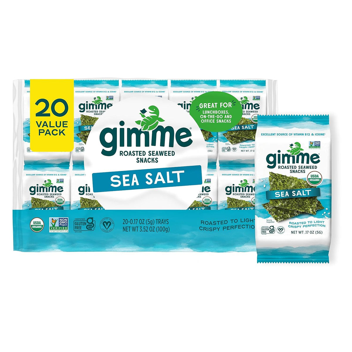 Seaweed Organic Premium Roasted Seaweed Snacks, Sea Salt, 20 Count, Keto, Vegan, Gluten-Free, Great Source of Omega3s
