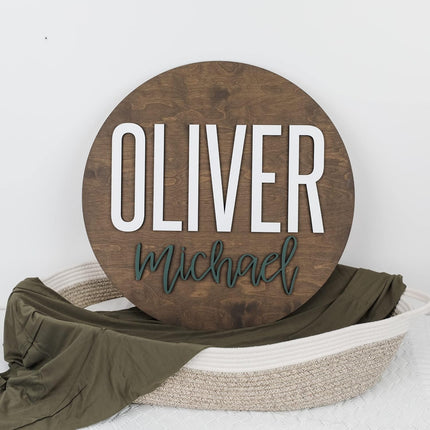 Custom Round Nursery Name Sign, Personalized Wooden Wall Plaque, 12" 18" 24", 30" 3D Wall Art for Children & Kids Rooms, Baby Shower, Hickory Hollow Designs (Oliver Michael)