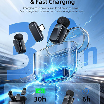 Mini Wireless Lavalier Microphone for iPhone Android Camera, Dual Channel Wireless Microphones with AI Noise Cancellation, 328ft Range, 36H Battery Case, Type-C, Lightning & USB Plug & Play