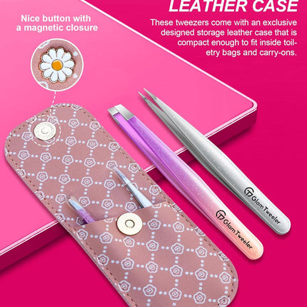 Expert Slant and Point Tip Tweezer Set with Exclusive Storage & Carrying Case, GlamTweeler Sharp & Precision Tweezer Set for Eyebrows, Facial Hairs and Fine Hairs Removal (Sparkle Violet + Silver)