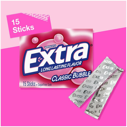 Extra Classic Bubble Gum Sugarfree Bulk, Individually Wrapped, perfect for Fresh Breath and Sharing at School, Work & Travel, 15 Ct, 10 Pack
