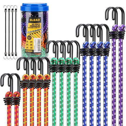 Bungee Cords Heavy Duty Outdoor: 20 Pcs Rubber Bungee Cords with Hooks in a Storage Jar Includes 10", 18", 24", 30", 36", 48" Bungee Cord for Camping, Tent, Fastening Items