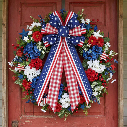 Large Patriotic Wreath Bow, 4th of July Decorations, Red White Blue American Flag, Stars Stripes Buffalo Plaid Wired Ribbon for Front Door