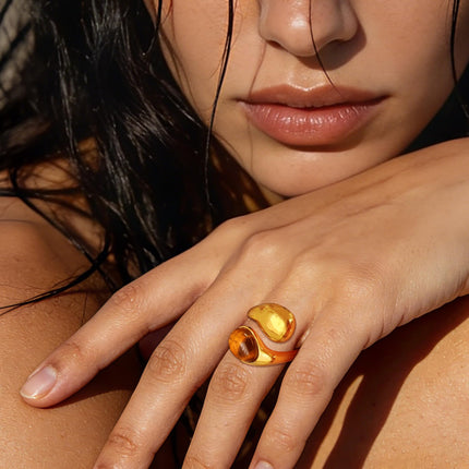 14K Gold Plated Tiger Eye Stone Chunky Open Ring Boho Vintage Rings for Women Brown Jewelry and Pearl