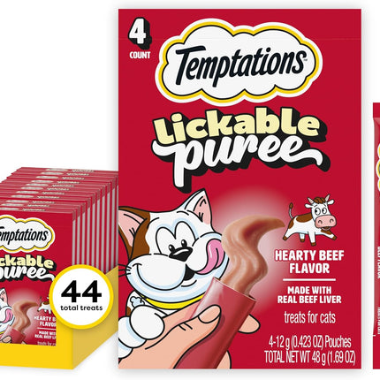 Temptations Creamy Puree Squeezable Lickable Cat Treats, Wet Cat Treats with Beef Liver, 0.42 oz. Tubes, 4 Count, Pack of 11 (44 Total)
