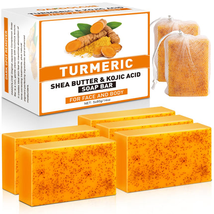 5 Pcs 80g Turmeric Kojic Acid Soap Bars with 2 Foaming Mesh Nets