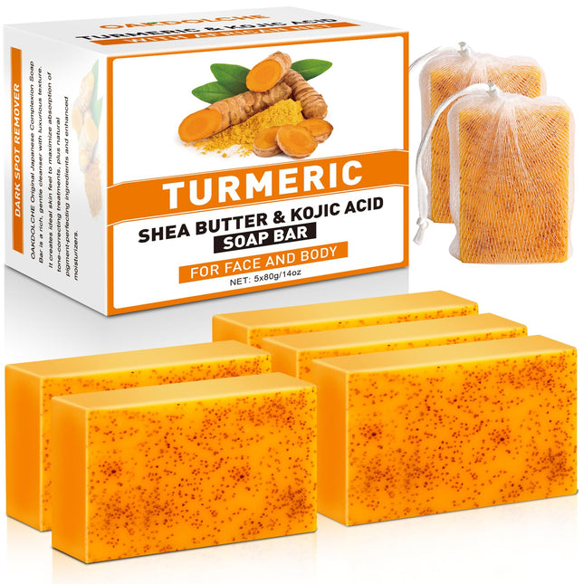 5 Pcs 80g Turmeric Kojic Acid Soap Bars with 2 Foaming Mesh Nets